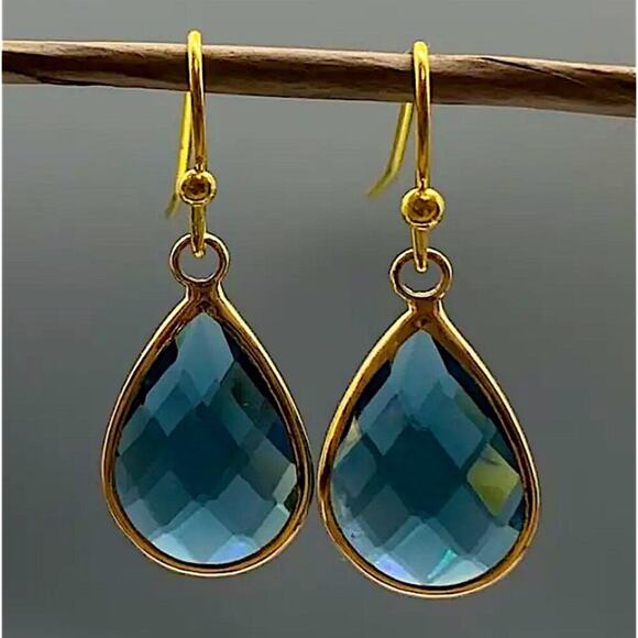 Gold Blue Sapphire Dangle Earrings - Picture 2 of 4